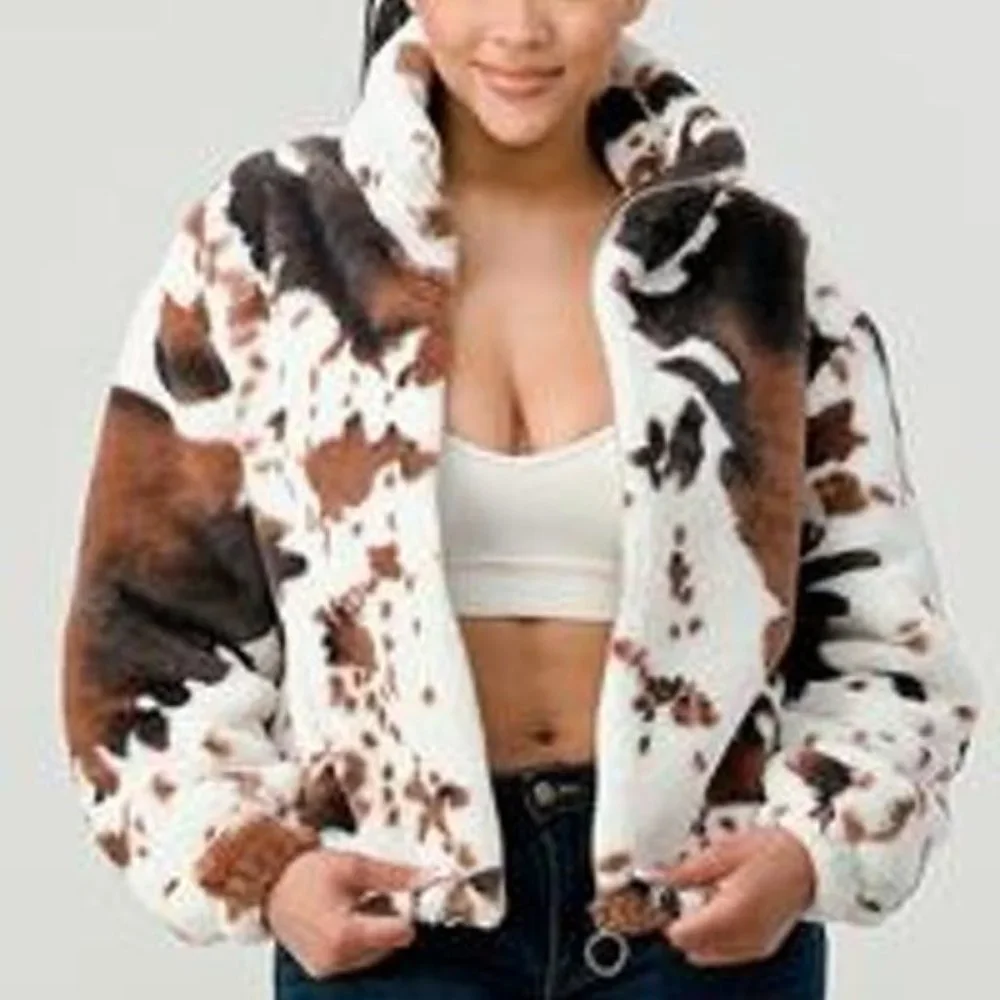 Cow Print- Faux Fur Zip Jacket From 'To Star'NWT - Picture 1 of 6